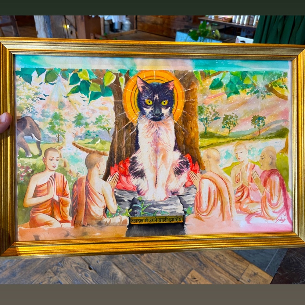 Zen Cat Worship Landscape Watercolor Artisan Print - Pussycat Paradise Religious